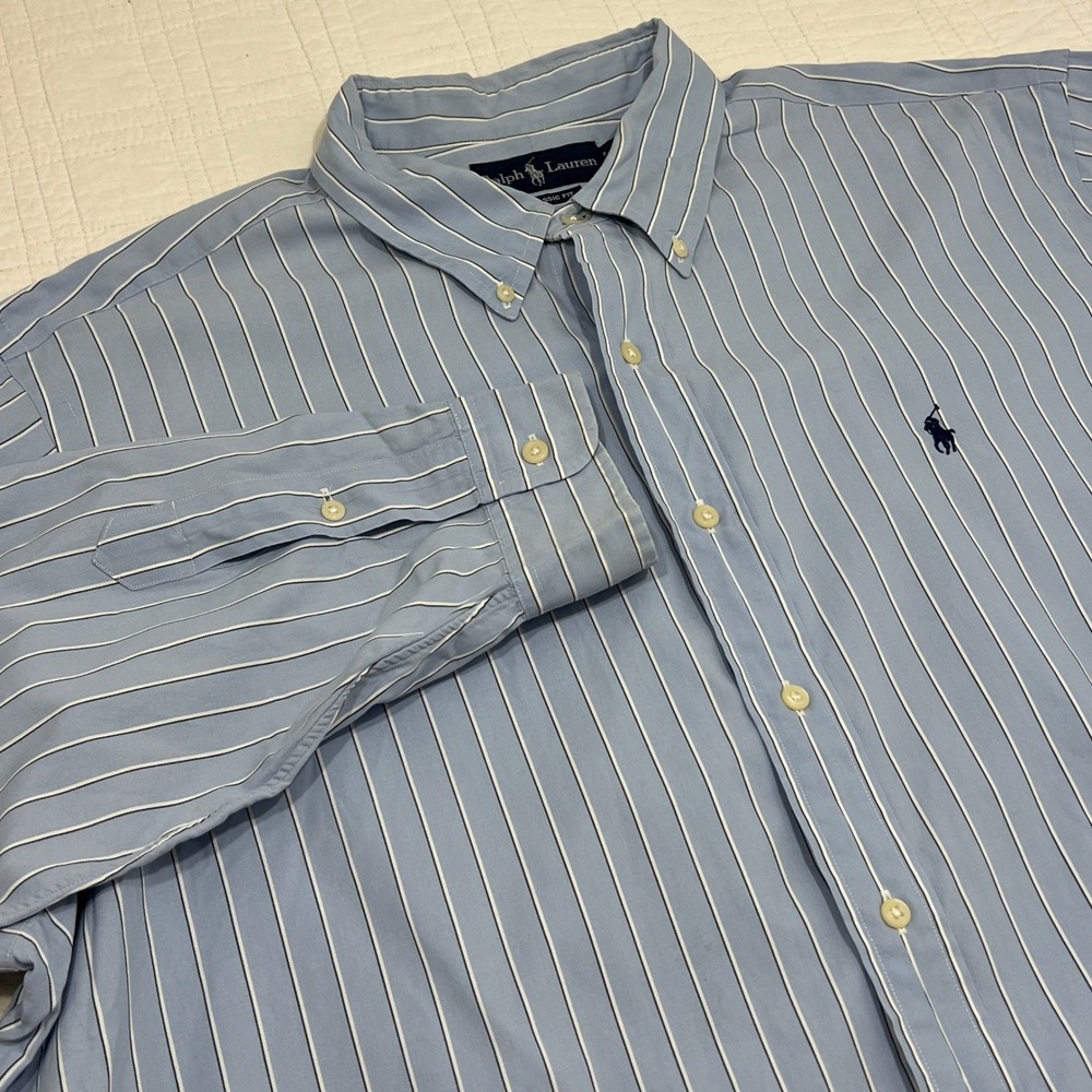 Ralph Lauren Mens XXL Classic Fit Striped Oxford Button Down Shirt Blue White